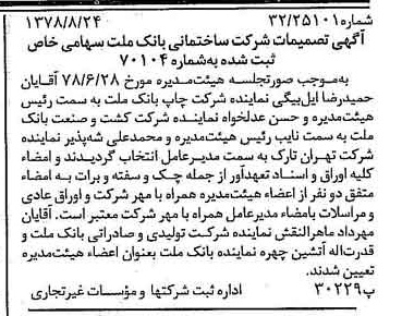 خبر روزنامه رسمی شماره 15947 چاپ شده در تاريخ 1378/09 درباره شرکت ساختمانی بانک ملت