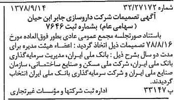 خبر روزنامه رسمی شماره 15964 چاپ شده در تاريخ 1378/09 درباره شرکت داروسازی جابرابن حیان
