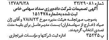 خبر روزنامه رسمی شماره 15979 چاپ شده در تاريخ 1378/10 درباره شرکت داده ورزی سداد