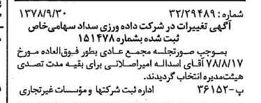 خبر روزنامه رسمی شماره 15986 چاپ شده در تاريخ 1378/10 درباره شرکت داده ورزی سداد