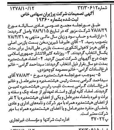 خبر روزنامه رسمی شماره 15988 چاپ شده در تاريخ 1378/10 درباره شرکت پرژیران