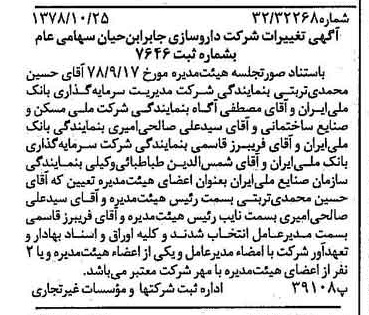 خبر روزنامه رسمی شماره 15999 چاپ شده در تاريخ 1378/11 درباره شرکت داروسازی جابرابن حیان