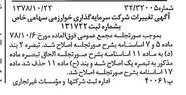 خبر روزنامه رسمی شماره 16005 چاپ شده در تاريخ 1378/11 درباره شرکت گروه سرمایه گذاری خوارزمی