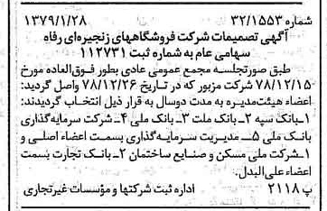 خبر روزنامه رسمی شماره 16067 چاپ شده در تاريخ 1379/02 درباره شرکت فروشگاههای زنجیره ای رفاه