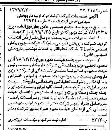 خبر روزنامه رسمی شماره 16089 چاپ شده در تاريخ 1379/03 درباره شرکت تولید مواد اولیه داروپخش