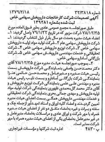 خبر روزنامه رسمی شماره 16091 چاپ شده در تاريخ 1379/03 درباره شرکت کارخانجات دارو پخش