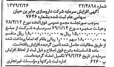 خبر روزنامه رسمی شماره 16099 چاپ شده در تاريخ 1379/03 دقت 95 درباره شرکت داروسازی جابرابن حیان