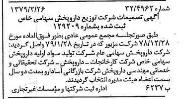 خبر روزنامه رسمی شماره 16099 چاپ شده در تاريخ 1379/03 درباره شرکت توزیع دارو پخش