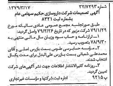 خبر روزنامه رسمی شماره 16109 چاپ شده در تاريخ 1379/03 درباره شرکت دارو سازی حکیم
