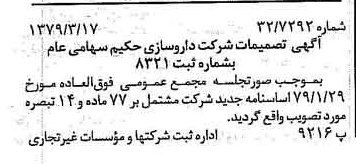 خبر روزنامه رسمی شماره 16109 چاپ شده در تاريخ 1379/03 درباره شرکت دارو سازی حکیم