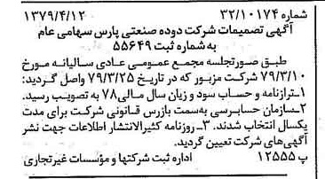 خبر روزنامه رسمی شماره 16130 چاپ شده در تاريخ 1379/04 درباره شرکت دوده صنعتی پارس