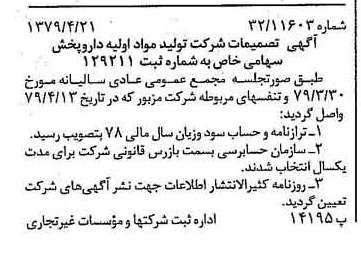خبر روزنامه رسمی شماره 16142 چاپ شده در تاريخ 1379/05 درباره شرکت تولید مواد اولیه داروپخش