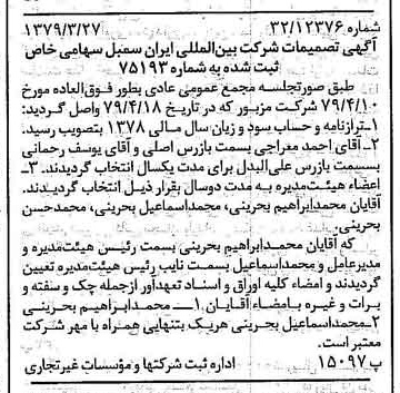 خبر روزنامه رسمی شماره 16147 چاپ شده در تاريخ 1379/05 درباره شرکت بین المللی ایران سمبل