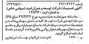 خبر روزنامه رسمی شماره 16162 چاپ شده در تاريخ 1379/05 درباره شرکت توسعه وعمران امید