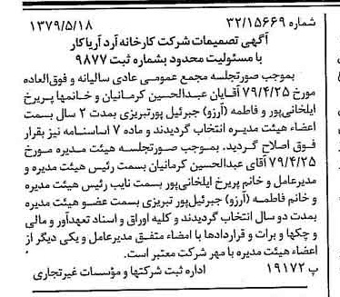 خبر روزنامه رسمی شماره 16168 چاپ شده در تاريخ 1379/06 درباره شرکت کارخانه آرد آریا کار