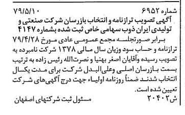 خبر روزنامه رسمی شماره 16176 چاپ شده در تاريخ 1379/06 درباره شرکت صنعتی و تولیدی ایران ذوب
