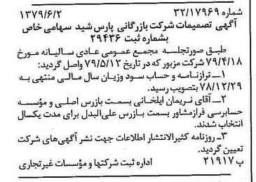 خبر روزنامه رسمی شماره 16179 چاپ شده در تاريخ 1379/06 درباره شرکت بازرگانی پارس شید