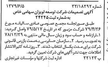 خبر روزنامه رسمی شماره 16181 چاپ شده در تاريخ 1379/06 درباره شرکت توسعه لویزان