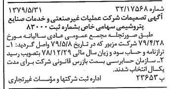 خبر روزنامه رسمی شماره 16186 چاپ شده در تاريخ 1379/06 درباره شرکت عملیات غیر صنعتی و خدمات صنایع پتروشیمی