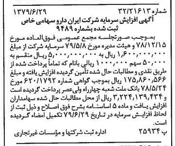 خبر روزنامه رسمی شماره 16200 چاپ شده در تاريخ 1379/07 درباره شرکت ایران دارو