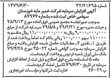 خبر روزنامه رسمی شماره 16200 چاپ شده در تاريخ 1379/07 درباره شرکت خمیر مایه خوزستان