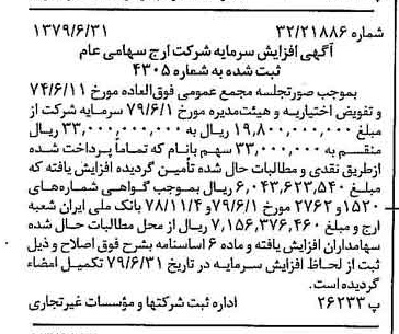 خبر روزنامه رسمی شماره 16201 چاپ شده در تاريخ 1379/07 درباره شرکت ارج