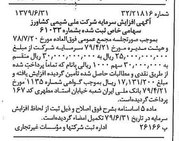 خبر روزنامه رسمی شماره 16201 چاپ شده در تاريخ 1379/07 درباره شرکت ملی شیمی کشاورز