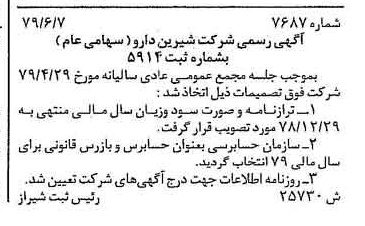 خبر روزنامه رسمی شماره 16203 چاپ شده در تاريخ 1379/07 درباره شرکت شیرین دارو