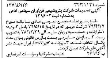 خبر روزنامه رسمی شماره 16205 چاپ شده در تاريخ 1379/07 درباره شرکت پتروشیمی فن آوران