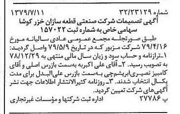 خبر روزنامه رسمی شماره 16210 چاپ شده در تاريخ 1379/07 درباره شرکت صنعتی قطعه سازان خزر کوشا
