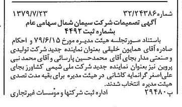 خبر روزنامه رسمی شماره 16219 چاپ شده در تاريخ 1379/08 درباره شرکت سیمان شمال
