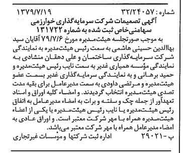 خبر روزنامه رسمی شماره 16219 چاپ شده در تاريخ 1379/08 درباره شرکت گروه سرمایه گذاری خوارزمی