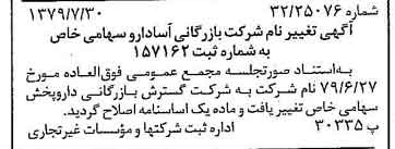 خبر روزنامه رسمی شماره 16223 چاپ شده در تاريخ 1379/08 درباره شرکت گسترش بازرگانی دارو پخش
