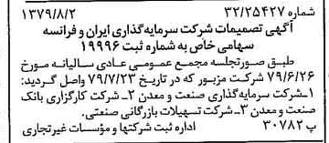 خبر روزنامه رسمی شماره 16224 چاپ شده در تاريخ 1379/08 درباره شرکت سرمایه گذاری ایران و فرانسه