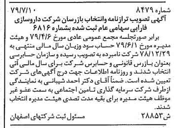 خبر روزنامه رسمی شماره 16224 چاپ شده در تاريخ 1379/08 درباره شرکت دارو سازی فارابی