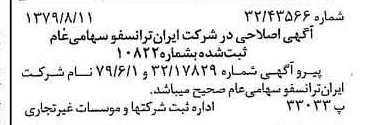 خبر روزنامه رسمی شماره 16235 چاپ شده در تاريخ 1379/08 درباره شرکت ایران ترانسفو