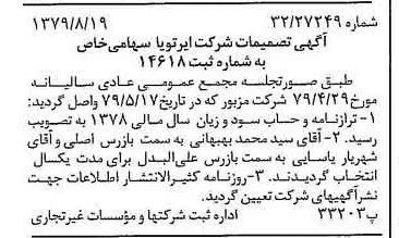 خبر روزنامه رسمی شماره 16238 چاپ شده در تاريخ 1379/09 درباره شرکت ایر تو یا
