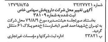 خبر روزنامه رسمی شماره 16247 چاپ شده در تاريخ 1379/09 درباره شرکت دارو پخش