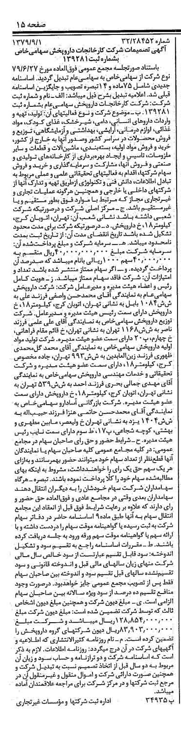 خبر روزنامه رسمی شماره 16253 چاپ شده در تاريخ 1379/09 درباره شرکت کارخانجات دارو پخش