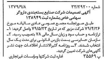 خبر روزنامه رسمی شماره 16256 چاپ شده در تاريخ 1379/09 درباره شرکت صنایع بسته بندی داروگر