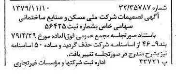 خبر روزنامه رسمی شماره 16299 چاپ شده در تاريخ 1379/11 درباره شرکت ملی مسکن و صنایع ساختمانی