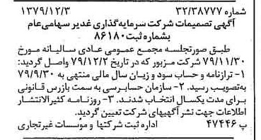 خبر روزنامه رسمی شماره 16317 چاپ شده در تاريخ 1379/12 درباره شرکت سرمایه گذاری غدیر