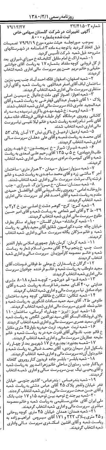 خبر روزنامه رسمی شماره 16351 چاپ شده در تاريخ 1380/02 درباره شرکت گلستان