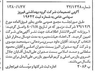 خبر روزنامه رسمی شماره 16358 چاپ شده در تاريخ 1380/02 دقت 100 درباره شرکت گروه بهداشتی فیروز