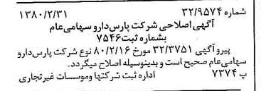 خبر روزنامه رسمی شماره 16386 چاپ شده در تاريخ 1380/03 درباره شرکت پارس دارو