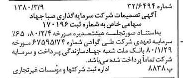 خبر روزنامه رسمی شماره 16395 چاپ شده در تاريخ 1380/03 درباره شرکت سرمایه گذاری صبا جهاد
