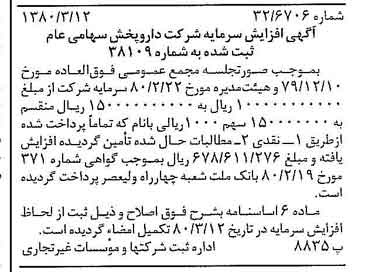 خبر روزنامه رسمی شماره 16395 چاپ شده در تاريخ 1380/03 درباره شرکت دارو پخش