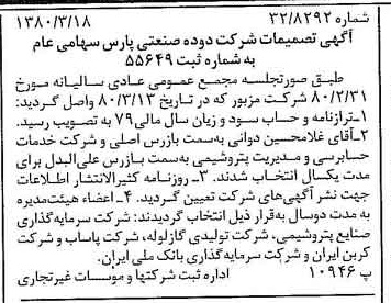 خبر روزنامه رسمی شماره 16404 چاپ شده در تاريخ 1380/04 درباره شرکت دوده صنعتی پارس