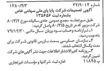 خبر روزنامه رسمی شماره 16413 چاپ شده در تاريخ 1380/04 درباره شرکت پایاپای ملی