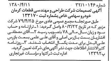 خبر روزنامه رسمی شماره 16419 چاپ شده در تاريخ 1380/04 درباره شرکت طراحی ومهندسی قطعات کرمان خودرو